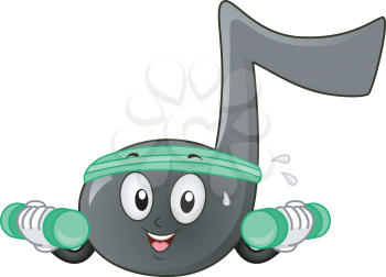 Illustration of a Music Note Mascot Wearing Exercise Headband and Holding Dumbbells