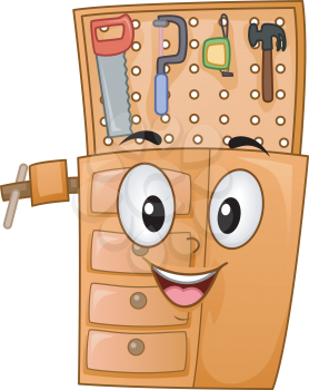 Illustration of a Woodworking Bench Mascot Showing Tools from Saw and Hammer