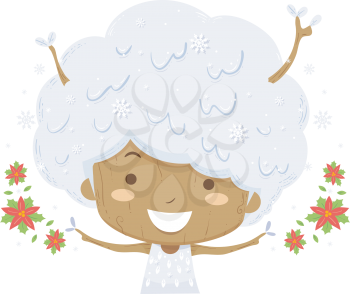 Illustration of a Kid Tree with Snow on Her Hair and Poinsettia