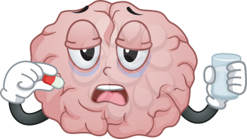 Illustration of a Sick and Sleepy Brain Mascot Holding a Glass of Water and Drinking Medicine