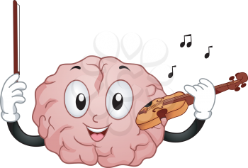 Illustration of a Brain Mascot Holding a Violin and Bow with Music Notes