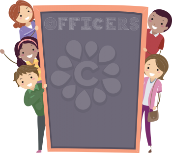Illustration of Stickman Parents, Man and Woman Holding a Blank Blackboard Listing Officers for School