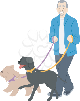 Illustration of a Senior Man Holding Leash and Walking Two Dogs