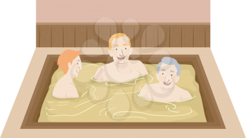 Illustration of Senior Men Sitting Down In an Indoor Onsen Bath