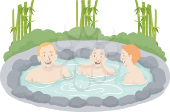 Illustration of Senior Men Sitting Down In an Outdoor Onsen Bath
