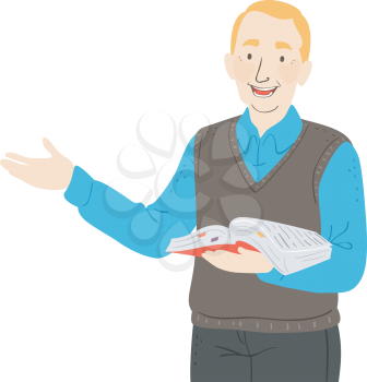 Illustration of a Senior Man Teacher Speaking and Holding an Open Book