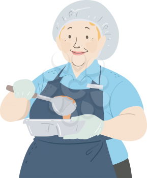 Illustration of a Senior Woman Wearing Apron and Head Cover Serving Food in a Tray as a Cafeteria Worker