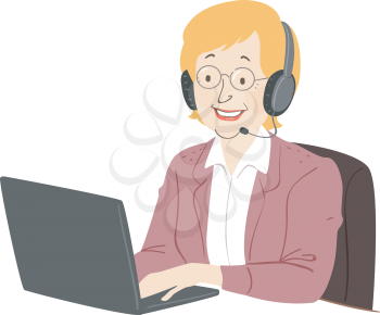 Illustration of a Senior Woman Wearing Headset and Using a Laptop in a Call Center