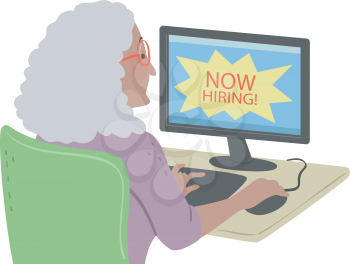 Illustration of a Senior Woman Using the Computer and Looking for a Job Online