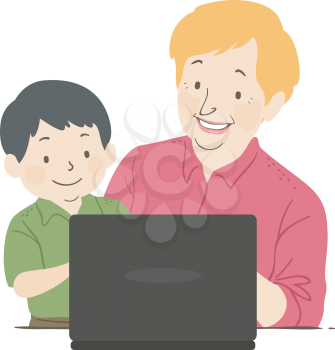 Illustration of a Senior Woman Tutoring a Kid Boy Using a Laptop