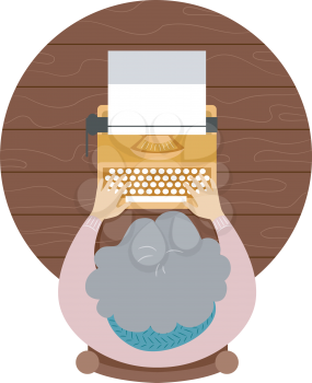Illustration of a Senior Woman Using a Typewriter and Typing on a Blank Paper