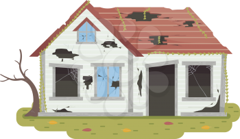 Illustration of an Abandoned House with Broken Door and Windows, Glasses, Roof and Dead Tree