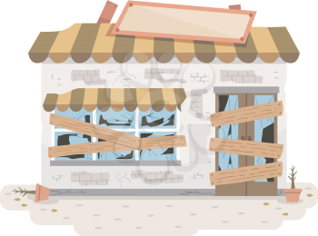 Illustration of an Old and Abandoned Store with Broken Signage, Glasses and Wooden Planks