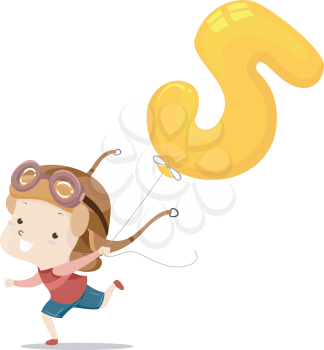 Illustration of a Kid Boy Running with a Balloon Number Five