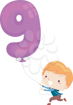 Illustration of a Kid Boy Running with a Balloon Shaped as Number Nine