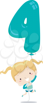 Illustration of a Kid Girl Carried by a Balloon Shaped as Number Four