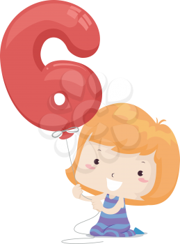 Illustration of a Kid Girl Sitting Down and Holding a Balloon Shaped as Number Six