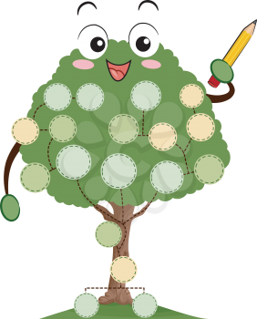 Illustration of a Family Tree Mascot with Blank Labels Holding Pencil