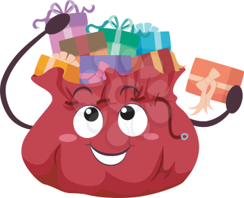 Illustration of a Red Bag or Sack Mascot Full of Gifts Putting More Inside