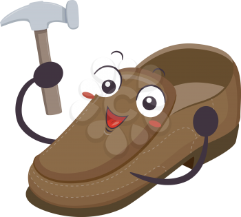 Illustration of a Leather Shoe Mascot Holding a Hammer for Shoe Making