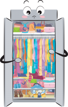 Illustration of a Closet Mascot Full of Clothes, Bags and Shoes for Organizing