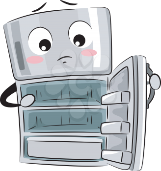 Illustration of a Refrigerator Mascot Showing Its Empty Shelves