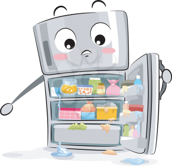 Illustration of a Refrigerator Mascot Full of Messy Containers Ready for Organization