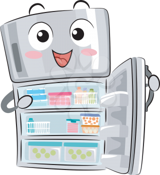 Illustration of an Organized Refrigerator Mascot with Open Doors