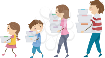 Illustration of Stickman Family Carrying Stacks of Storage for Organization