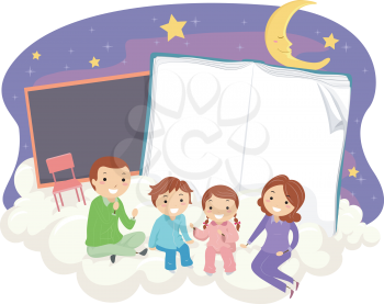 Illustration of Stickman Family Sitting Down on the Clouds with Open Book and Blackboard. Night School