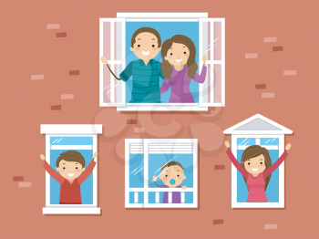 Illustration of a Stickman Family Looking Out the Window and Waving from their Home