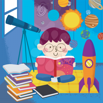 Illustration of a Kid Boy Reading an Astronomy Book from Inside a Space Room with Telescope and Space Ship