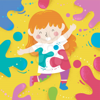 Illustration of a Kid Girl Wearing White Tshirt and Playing with Color Splats Around