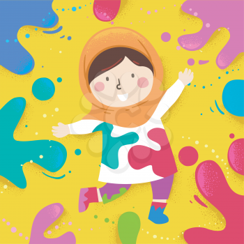 Illustration of a Muslim Kid Girl and Playing with Color Splats Around