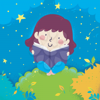 Illustration of a Kid Girl Reading a Book on Top of a Tree at Night