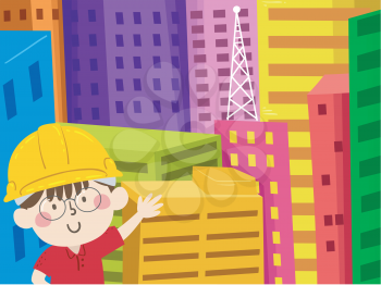 Illustration of a Kid Boy Engineer Wearing Yellow Hard Hat and Showing Different Buildings Behind