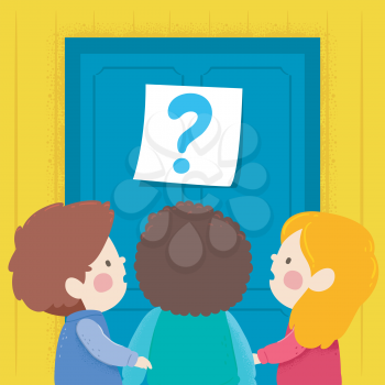 Illustration of Kids Looking at a Door with Question Mark on a Posted Note