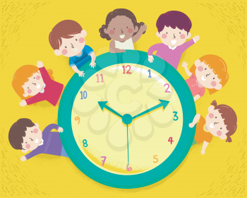 Illustration of Kids Smiling and Waving and a Big Clock