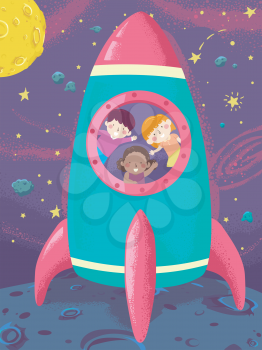 Illustration of Kids Waving from Inside a Space Ship in the Outer Space