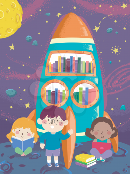 Illustration of Kids Reading Books in an Outer Space Themed Library