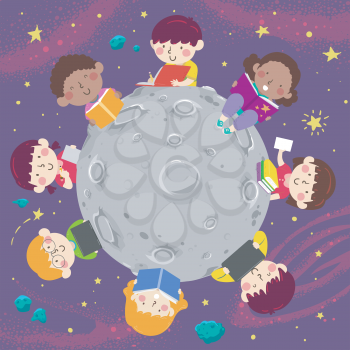Illustration of Kids Reading Books Around the Moon in the Outer Space