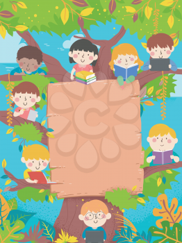 Background Illustration of Kids Students Reading and Writing from a Tree with Blank Board