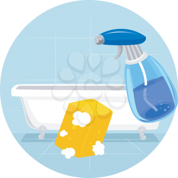 Illustration of Household Chores, Cleaning Bath Tub with Soapy Sponge and Cleaner in Spray Bottle