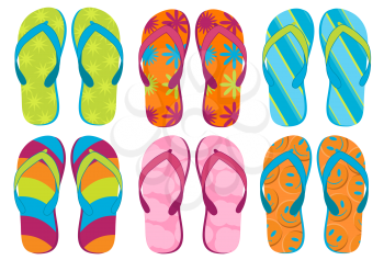 Royalty Free Clipart Image of a Group of Colourful Flip Flops