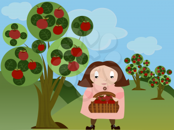 Royalty Free Clipart Image of a Girl in an Apple Orchard