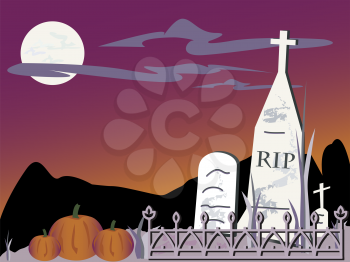 Royalty Free Clipart Image of a Halloween Graveyard With Pumpkins
