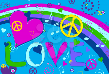 Royalty Free Clipart Image of a Retro Background With Hearts and Peace Symbols
