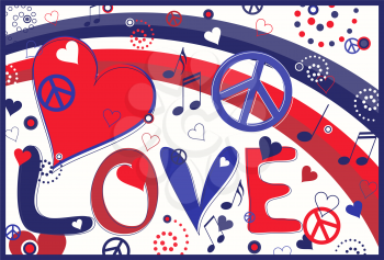 Royalty Free Clipart Image of the Word Love With Hearts and Musical Notes