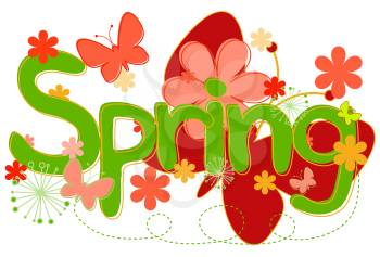 Royalty Free Clipart Image of the Word Spring With Flowers and a Butterfly