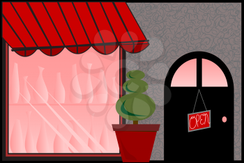 Royalty Free Clipart Image of a Storefront With Pottery in the Window